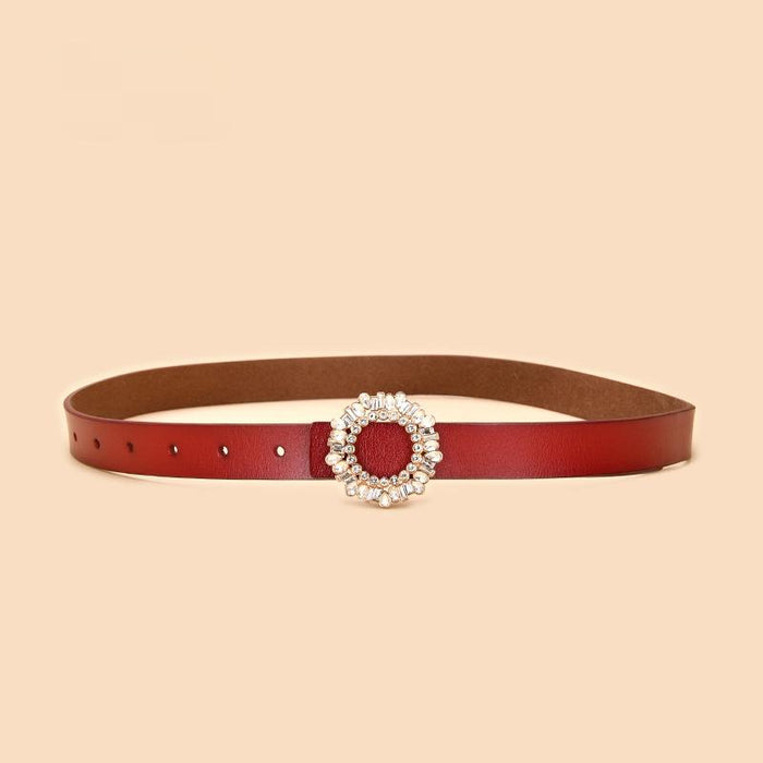New Women's Inlaid Crystal Diamond Square Buckle Decorative Leather Belt