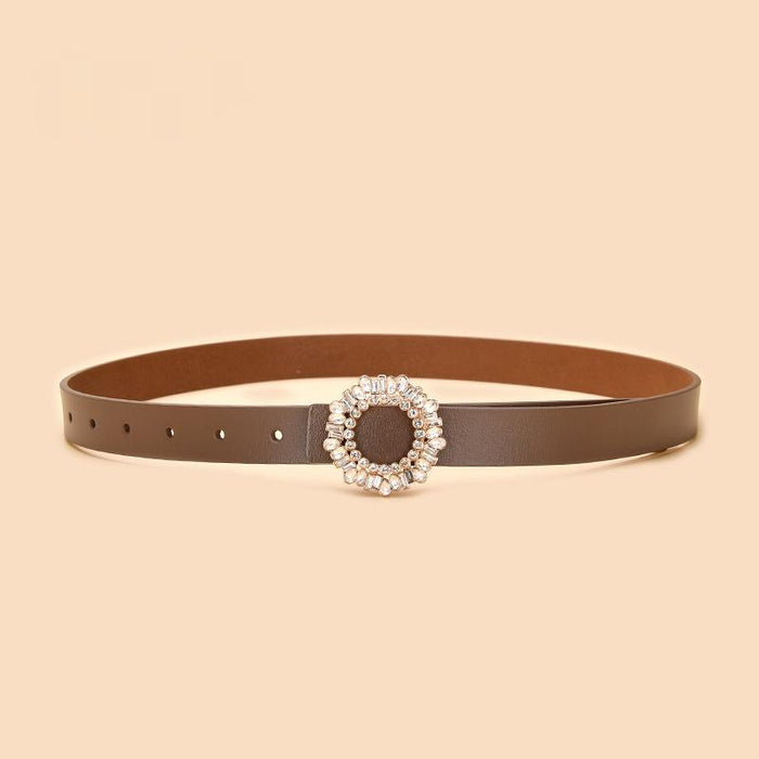 New Women's Inlaid Crystal Diamond Square Buckle Decorative Leather Belt