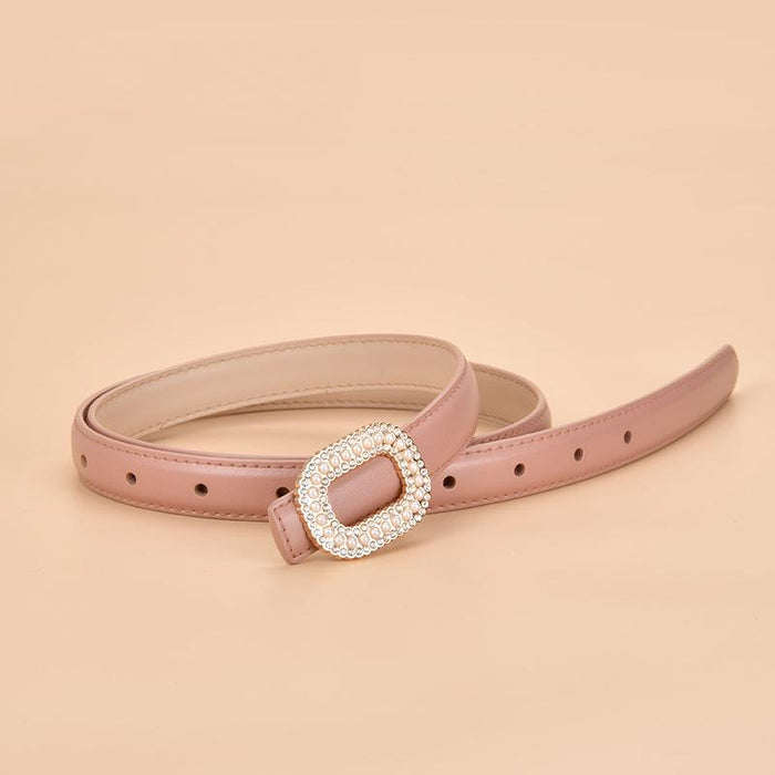 New Women's Inlaid Pearl Rhinestone Round Buckle Leather Belt