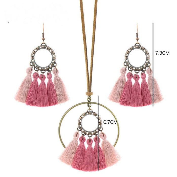 Bohemian Ethnic Style Colorful Handmade Tassel Earrings Necklace Set