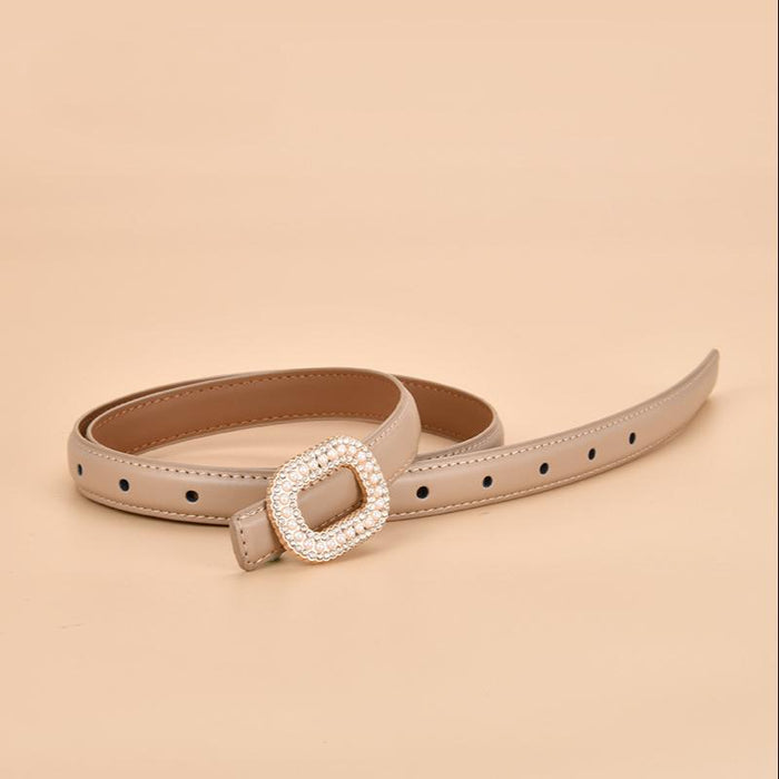 New Women's Inlaid Pearl Rhinestone Round Buckle Leather Belt