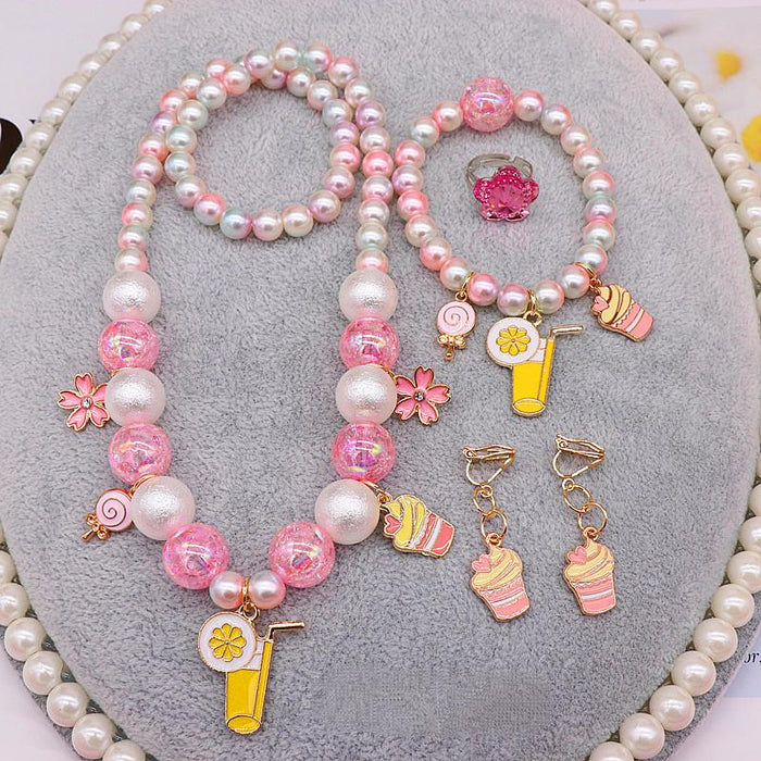 Children's Jewelry Set Lovely Cartoon Beaded Necklace Earring Ring