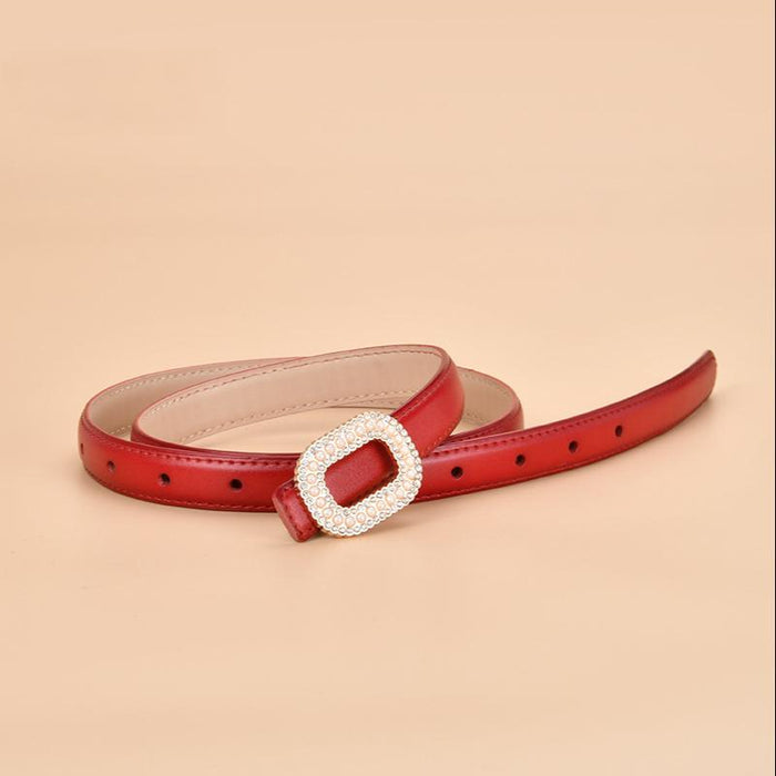 New Women's Inlaid Pearl Rhinestone Round Buckle Leather Belt