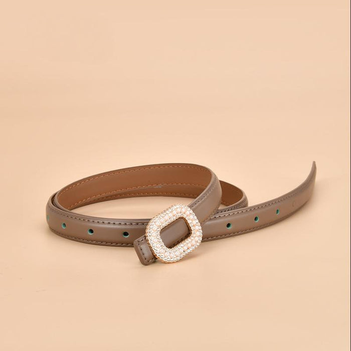 New Women's Inlaid Pearl Rhinestone Round Buckle Leather Belt