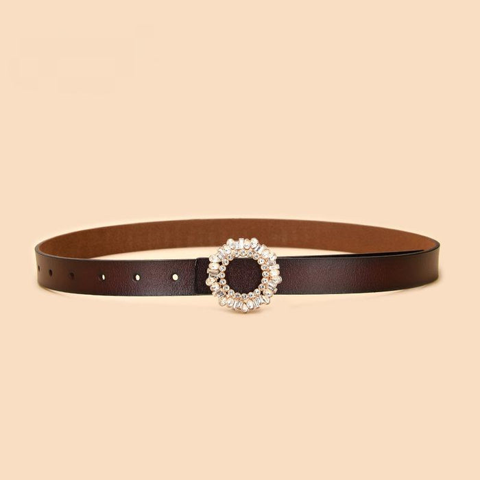 New Women's Inlaid Crystal Diamond Square Buckle Decorative Leather Belt