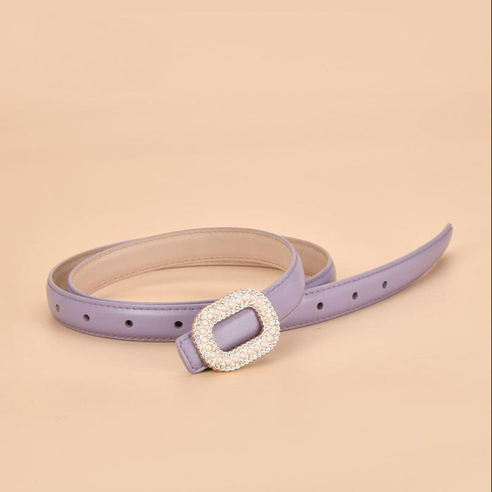 New Women's Inlaid Pearl Rhinestone Round Buckle Leather Belt