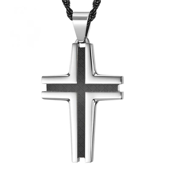 Carved Checkered Polished Stainless Steel Cross Necklace