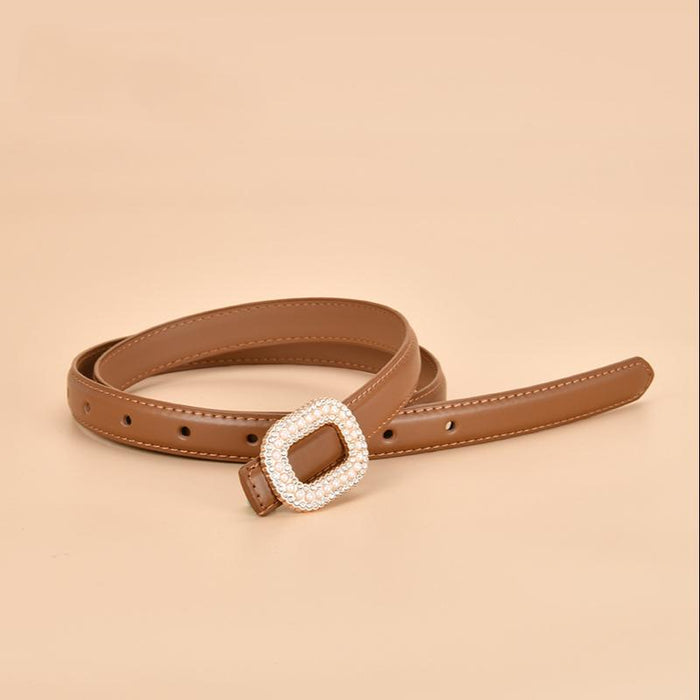 New Women's Inlaid Pearl Rhinestone Round Buckle Leather Belt