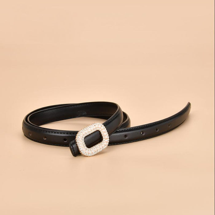New Women's Inlaid Pearl Rhinestone Round Buckle Leather Belt