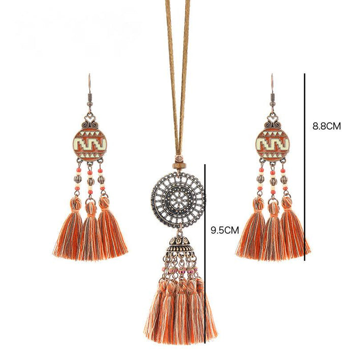 Bohemian Ethnic Style Colorful Handmade Tassel Earrings Necklace Set