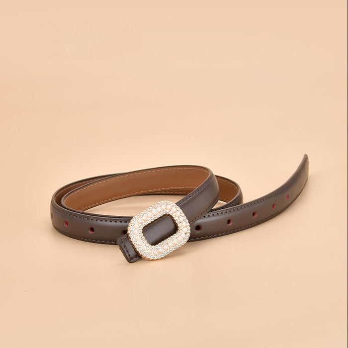 New Women's Inlaid Pearl Rhinestone Round Buckle Leather Belt