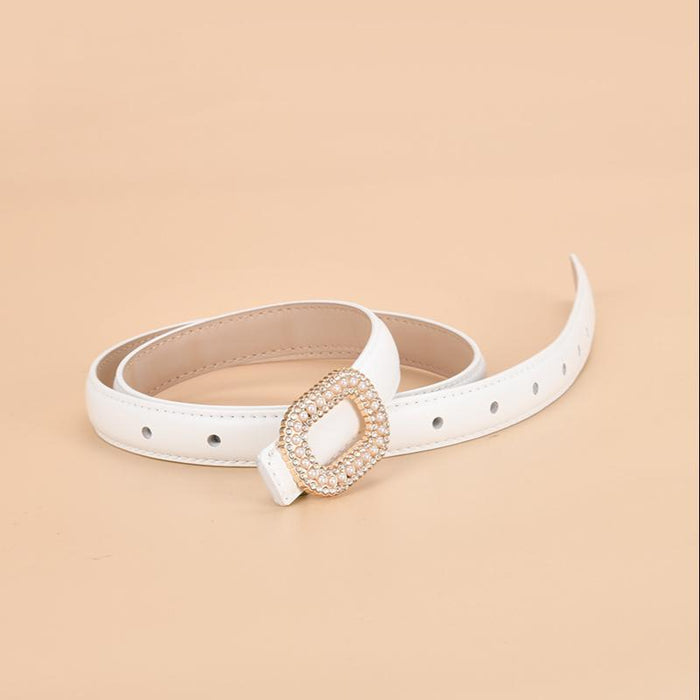New Women's Inlaid Pearl Rhinestone Round Buckle Leather Belt