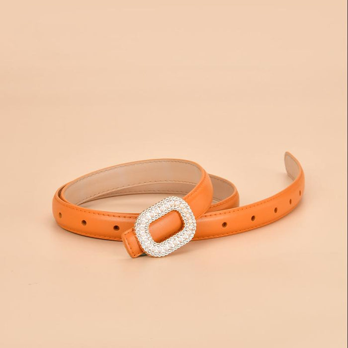 New Women's Inlaid Pearl Rhinestone Round Buckle Leather Belt
