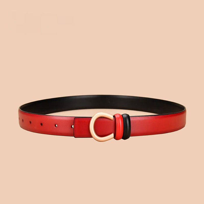 Women's leather belt can be worn on both sides with inner buckle and simple thin belt